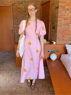 Pink linen Puff-Sleeve lemoncello Midi Dress